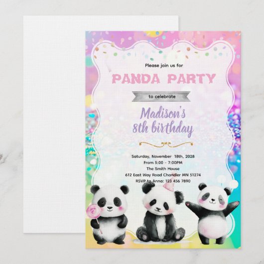 Cute panda party invitation 招待状 (正面/裏面)