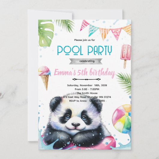 Cute panda pool theme invite 招待状 (正面)