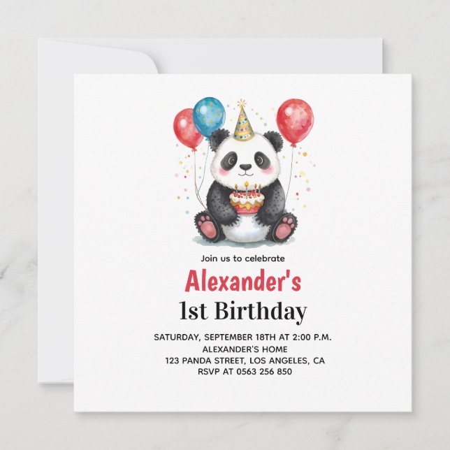 Cute Panda with Balloons & Cake 1st birthday (正面)