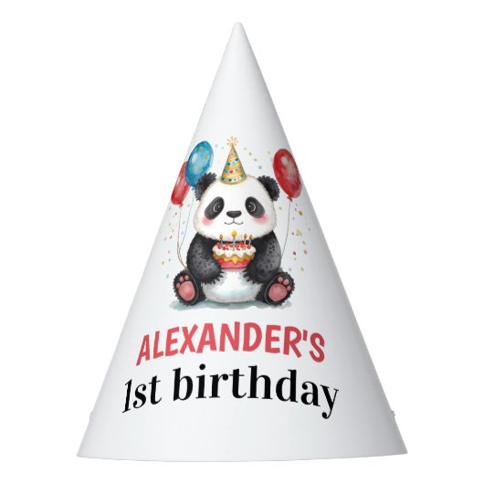 Cute Panda with Balloons & Cake 1st birthday パーティーハット (正面)