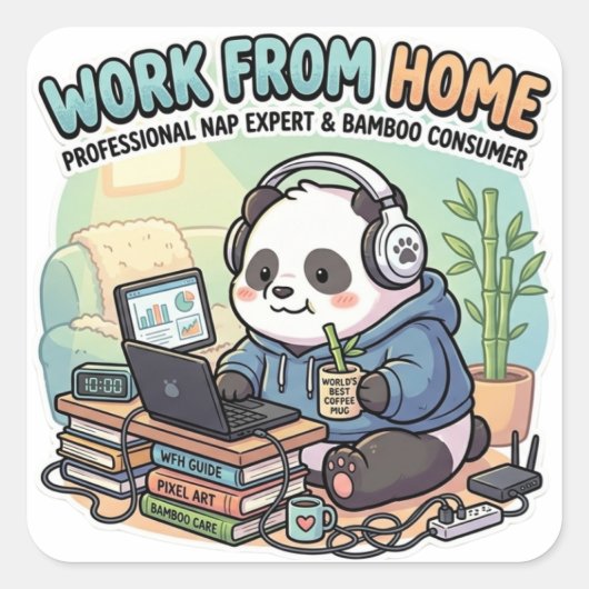 Cute Panda Work From Home Sticker  スクエアシール (正面)