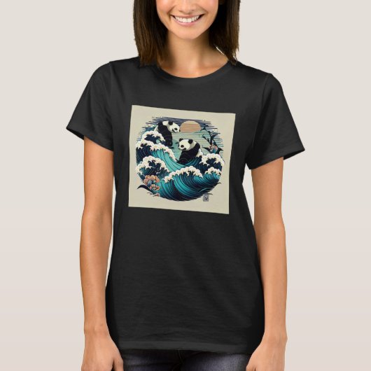 Cute pandas surfing the Japanese great wave sunset Tシャツ (正面)