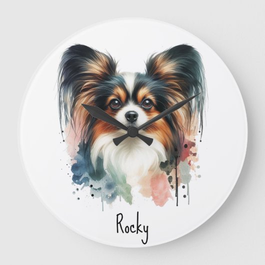 Cute Papillon Dog Watercolor Art  ラージ壁時計 (正面)