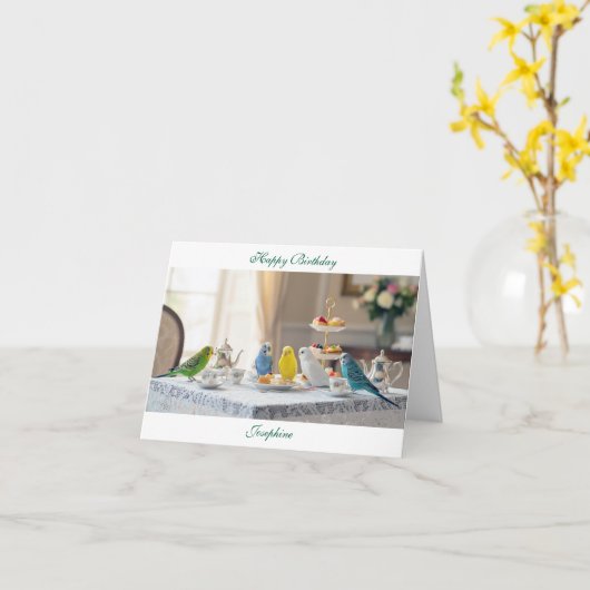 Cute Parakeet Budgies Afternoon Tea Birthday カード (黄色い花)