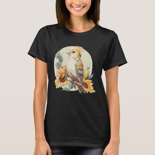 Cute Parrot Cockatiel Sunflower Watercolor Parrot Tシャツ (正面)