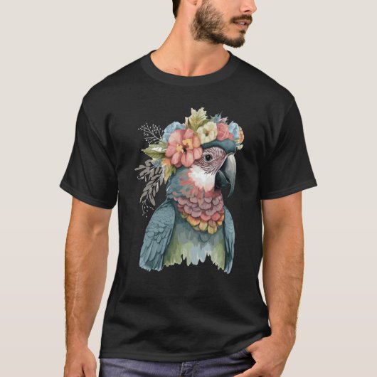 Cute Parrot Macaw Bird Flower Crown Pet Birds Tシャツ (正面)