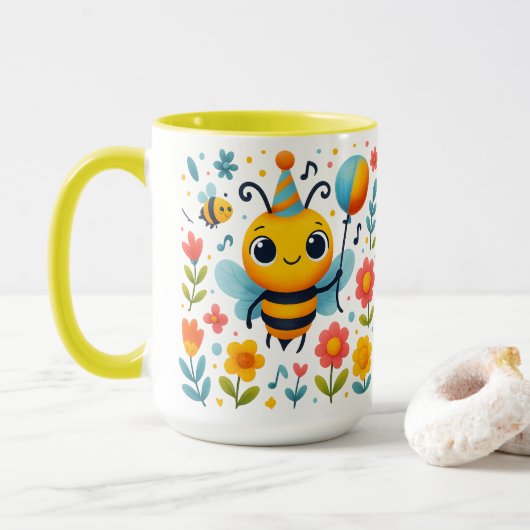 Cute Party Bee Ceramic Mug マグカップ (ドーナツ付き)