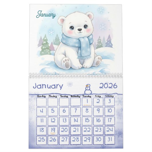 Cute Pastel Animals Personalized Kids 2026 カレンダー (1月 2026)
