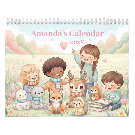 Cute Pastel Animals Personalized Kids 2026 カレンダー (カバー)