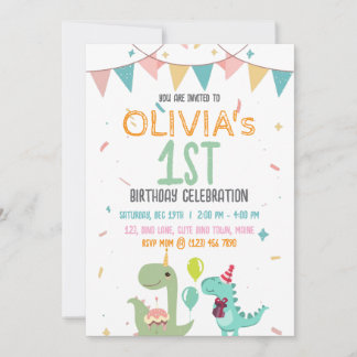 Cute Pastel Baby Dinosaur 1st Birthday Party 招待状