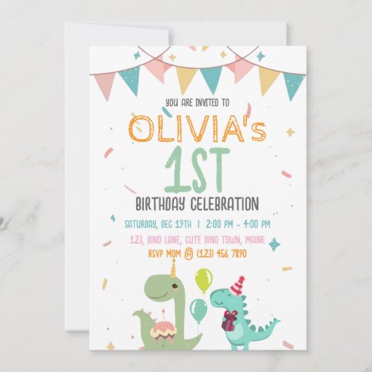 Cute Pastel Baby Dinosaur 1st Birthday Party 招待状 (正面)