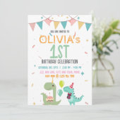 Cute Pastel Baby Dinosaur 1st Birthday Party 招待状 (スタンド正面)
