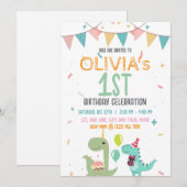 Cute Pastel Baby Dinosaur 1st Birthday Party 招待状 (正面/裏面)