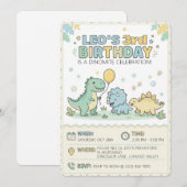 Cute Pastel Baby Dinosaur 3rd Birthday Party 招待状 (正面/裏面)