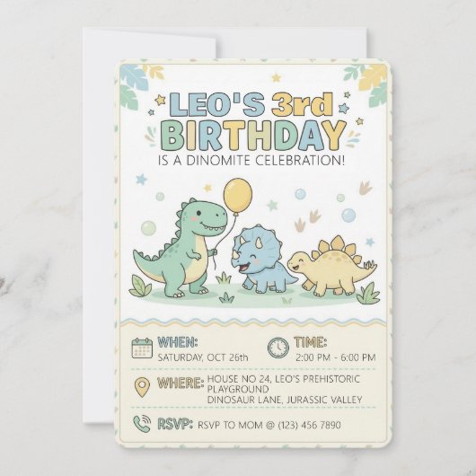 Cute Pastel Baby Dinosaur 3rd Birthday Party 招待状 (正面)