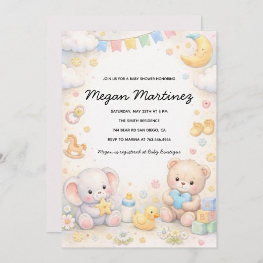 Cute Pastel Baby Shower Invitation Template 招待状 (正面/裏面)