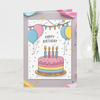 Cute Pastel Birthday Greeting Card with Cake and  カード