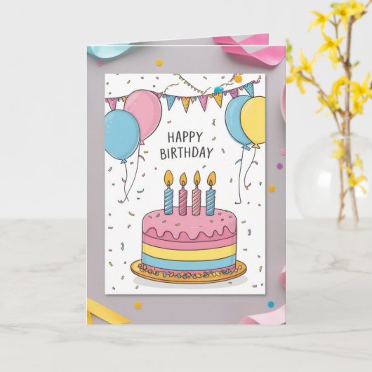 Cute Pastel Birthday Greeting Card with Cake and  カード (黄色い花)