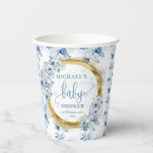 Cute pastel blue flowers gold boho personalized  紙コップ (正面)