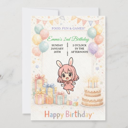 Cute Pastel Bunny Birthday Invitation 招待状 (正面)
