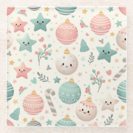 Cute Pastel Christmas Pattern Ornaments and Stars ガラスコースター