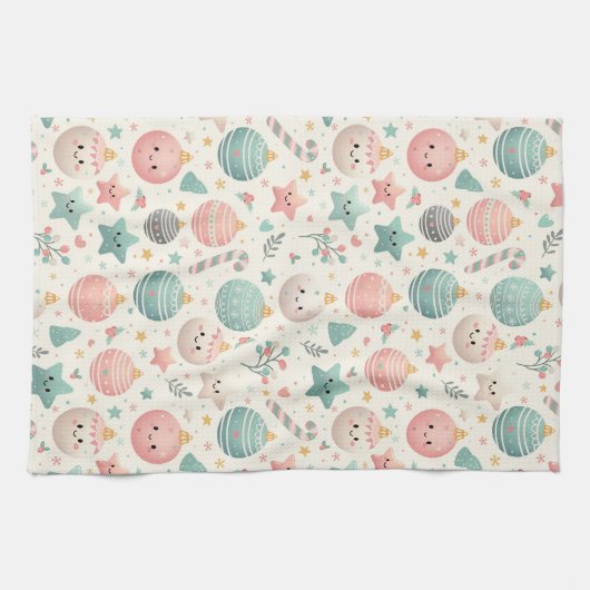 Cute Pastel Christmas Pattern Ornaments and Stars キッチンタオル (横)