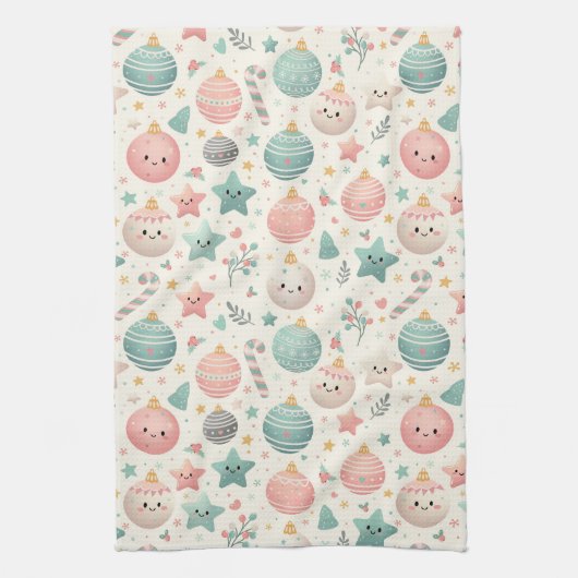 Cute Pastel Christmas Pattern Ornaments and Stars キッチンタオル (縦)