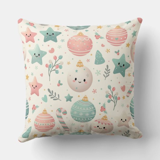 Cute Pastel Christmas Pattern Ornaments and Stars クッション (裏面)