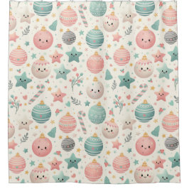 Cute Pastel Christmas Pattern Ornaments and Stars シャワーカーテン