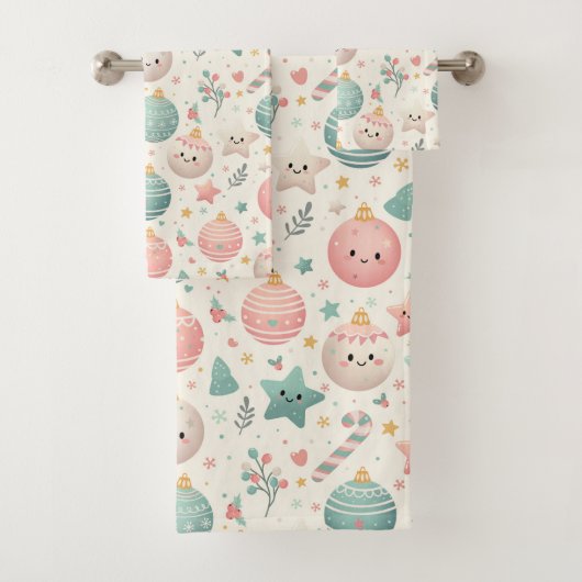 Cute Pastel Christmas Pattern Ornaments and Stars バスタオルセット (インサイチュ)