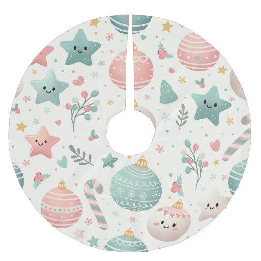Cute Pastel Christmas Pattern Ornaments and Stars ブラッシュドポリエステルツリースカート (正面)