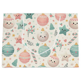 Cute Pastel Christmas Pattern Ornaments and Stars ラージペーパーバッグ