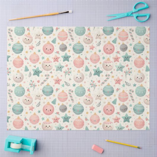 Cute Pastel Christmas Pattern Ornaments and Stars 薄葉紙 (クラフト)