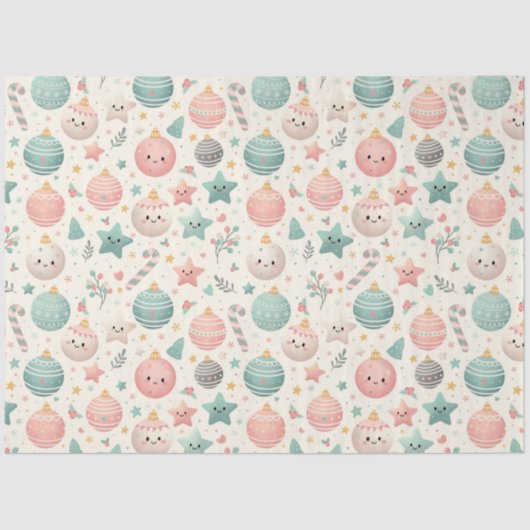 Cute Pastel Christmas Pattern Ornaments and Stars 薄葉紙 (正面)