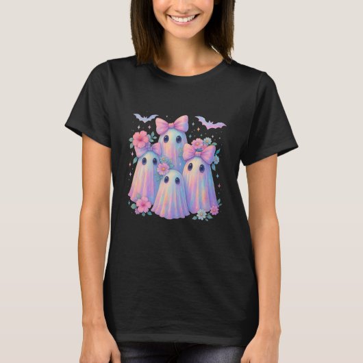 Cute Pastel Coquette Ghosts Pink Bows Flowers Tシャツ (正面)