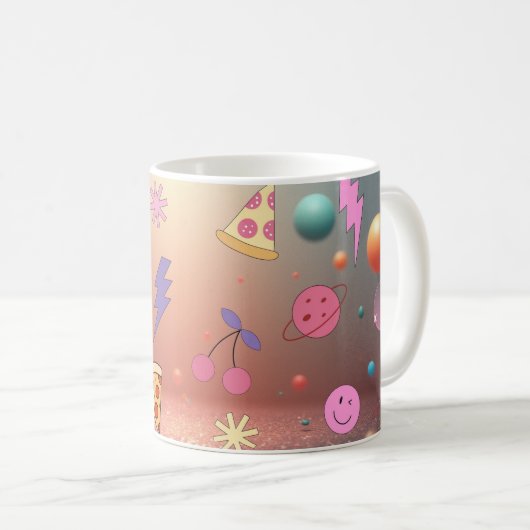 Cute Pastel Doodle Pattern Pizza Cherry Smiley コーヒーマグカップ (正面右)