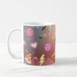 Cute Pastel Doodle Pattern Pizza Cherry Smiley コーヒーマグカップ