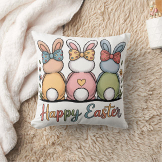 Cute Pastel Easter Bunnies | Whimsical Floral Happ クッション