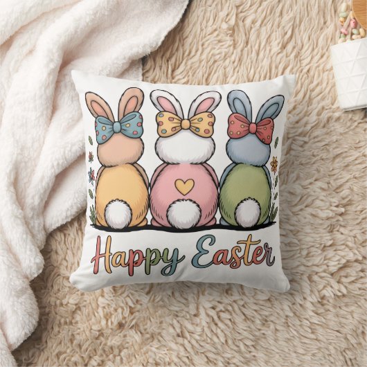 Cute Pastel Easter Bunnies | Whimsical Floral Happ クッション (ブランケット)