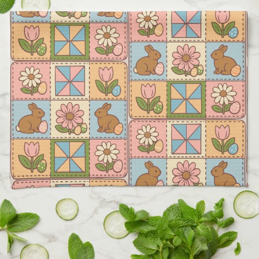 Cute Pastel Easter Bunny Flower Patchwork  キッチンタオル (折り畳み)
