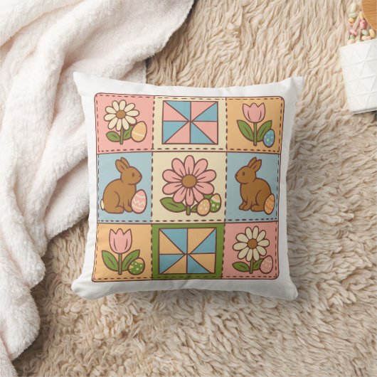Cute Pastel Easter Bunny Flower Patchwork  クッション (ブランケット)