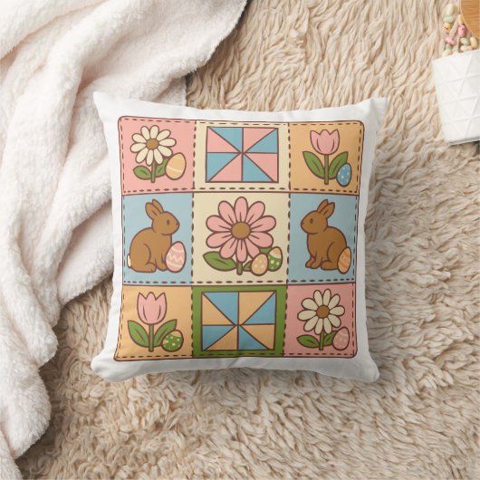 Cute Pastel Easter Bunny Flower Patchwork  クッション (ブランケット)