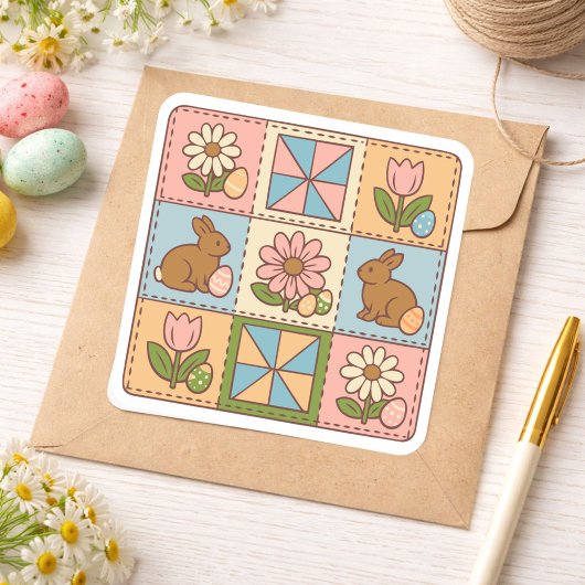 Cute Pastel Easter Bunny Flower Patchwork  スクエアシール