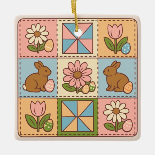 Cute Pastel Easter Bunny Flower Patchwork  セラミックオーナメント (正面)