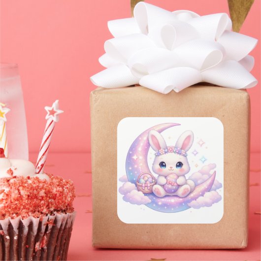Cute Pastel Easter Bunny Sticker – Moon Aesthetic スクエアシール (パーティー)