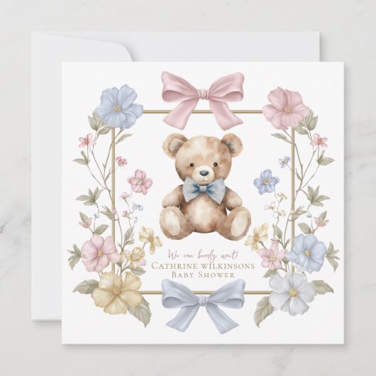 Cute pastel Floral Teddy Bear Baby Shower QR code  招待状 (正面)