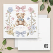 Cute pastel Floral Teddy Bear Baby Shower QR code  招待状