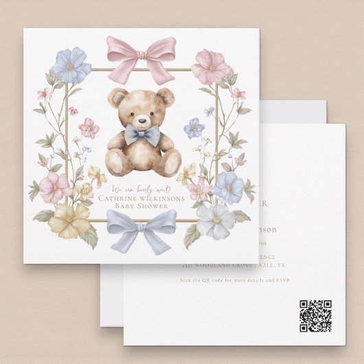 Cute pastel Floral Teddy Bear Baby Shower QR code  招待状