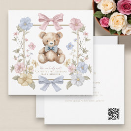Cute pastel Floral Teddy Bear Baby Shower QR code  招待状
