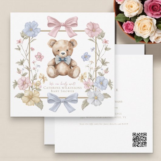 Cute pastel Floral Teddy Bear Baby Shower QR code  招待状